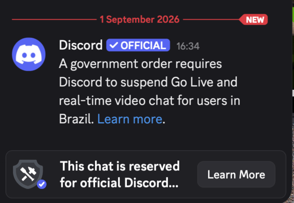 Discord suspended video chat for Brazil. 