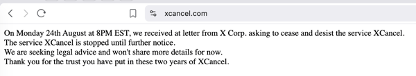 xcancel is shutting down