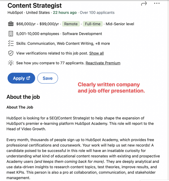 good linkedin job offer example