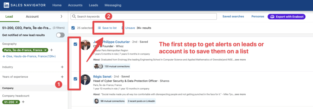 save lists to get sales navigator alerts