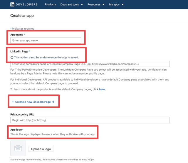 créer une application sur les développeurs LinkedIn pour obtenir l'API LinkedIn
