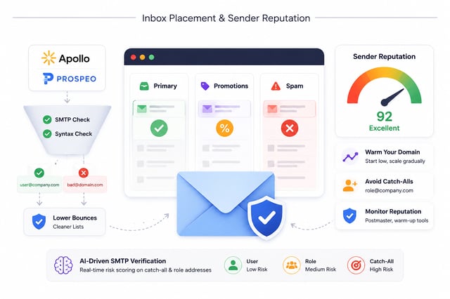 Inbox placement and sender reputation diagram showing SMTP and syntax checks separating valid from bad addresses, mail landing in Primary rather than Promotions or Spam, and a sender reputation score of 92 with domain warm-up and catch-all guidance