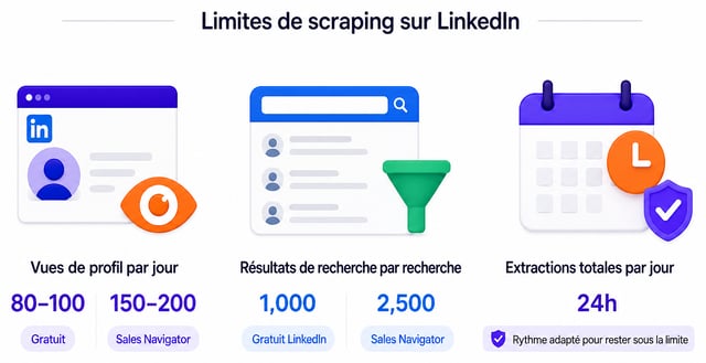 Limites de scraping LinkedIn : environ 80 à 100 vues de profils par jour sur un compte gratuit contre 150 à 200 sur Sales Navigator, 1 000 résultats de recherche par requête sur LinkedIn gratuit contre 2 500 sur Sales Navigator, avec des extractions cadencées sur 24 heures
