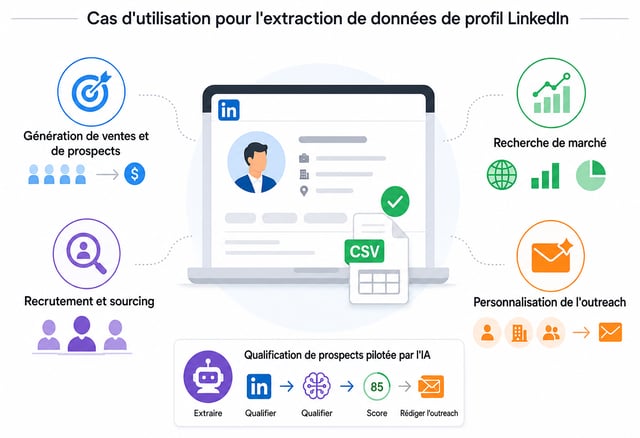 Cas d'usage de l'extraction de données de profils LinkedIn : vente et génération de leads, recrutement et sourcing, étude de marché, personnalisation de la prospection et qualification de leads pilotée par l'IA qui extrait, qualifie, score et rédige la prospection