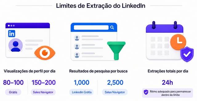 Limites de extração do LinkedIn: cerca de 80 a 100 visualizações de perfil por dia em uma conta gratuita contra 150 a 200 no Sales Navigator, 1.000 resultados de busca por pesquisa no LinkedIn gratuito contra 2.500 no Sales Navigator, com extrações distribuídas ao longo de 24 horas