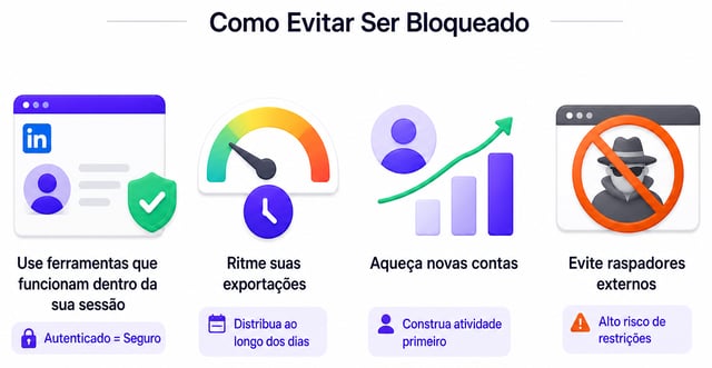 Quatro maneiras de evitar ser bloqueado: use ferramentas que funcionam dentro da sua sessão autenticada, distribua as exportações ao longo de vários dias, aqueça novas contas antes de extrair e evite scrapers externos