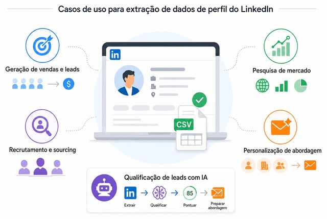 Casos de uso para a extração de dados de perfis do LinkedIn: vendas e geração de leads, recrutamento e sourcing, pesquisa de mercado, personalização de prospecção e qualificação de leads impulsionada por IA que extrai, qualifica, pontua e redige a prospecção
