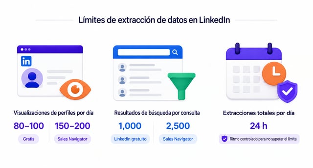 Límites de extracción de datos en LinkedIn: 80 a 100 visualizaciones de perfiles al día con la cuenta gratuita y 150 a 200 con Sales Navigator, y 1.000 o 2.500 resultados por búsqueda