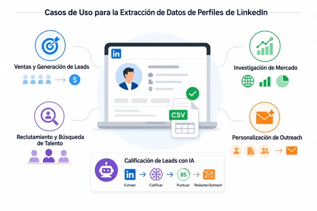 Casos de uso de la extracción de datos de perfiles de LinkedIn: ventas, reclutamiento, investigación de mercado, personalización del outreach y calificación de leads con IA