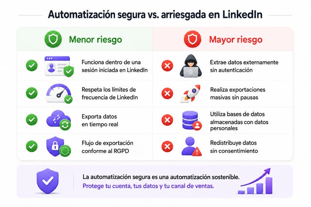 Automatización segura frente a arriesgada en LinkedIn: trabajar dentro de la sesión y respetar los límites de frecuencia, frente a extraer sin autenticación y redistribuir datos