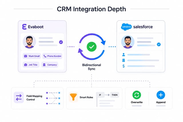 CRM integration depth diagram: bidirectional sync between Evaboot and Salesforce, with field mapping control, smart rules, and overwrite or append options