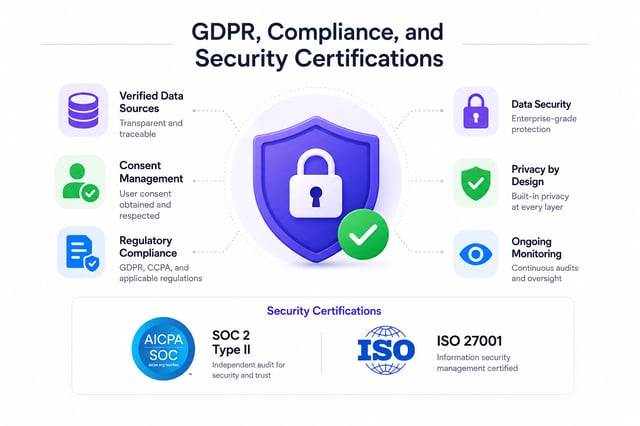 GDPR and compliance checklist covering verified data sources, consent management, data security and privacy by design, with SOC 2 Type II and ISO 27001 certifications