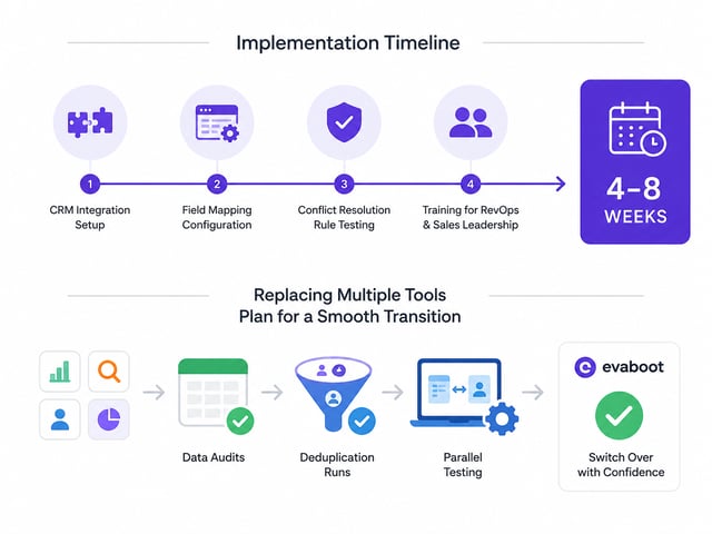 Enrichment implementation timeline across 4 to 8 weeks: CRM integration setup, field mapping configuration, conflict resolution rule testing, and RevOps training