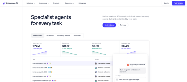 Relevance AI specialist agents dashboard showing an Enrich account in CRM task run by a Research and Enricher agent
