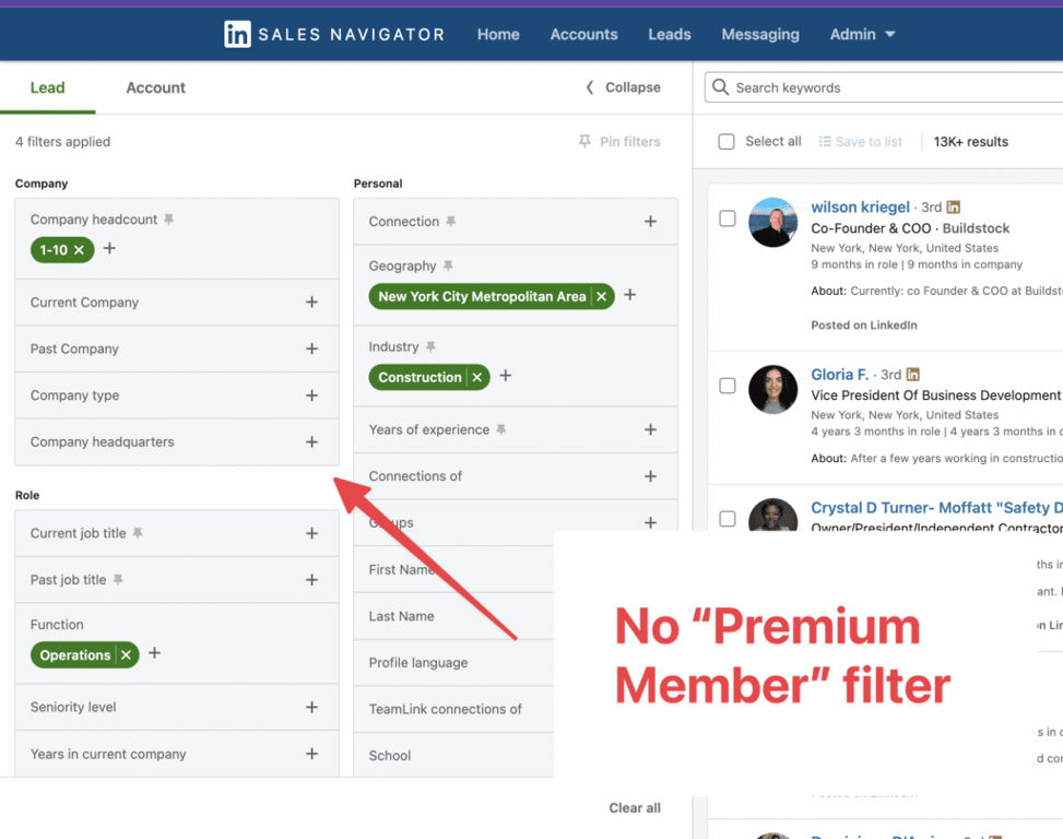 aucun filtre de membre premium sur sales navigator