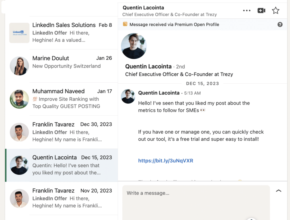 linkedin outreach inbox example 