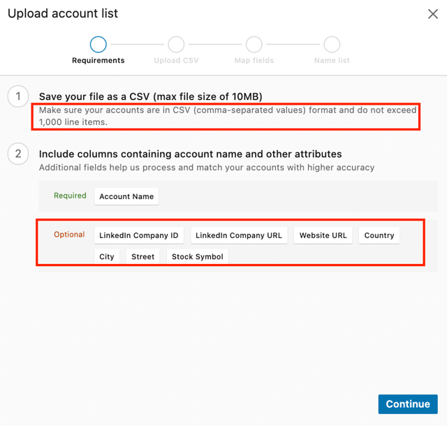 Requisito subir CSV a LinkedIn Sales Navigator 