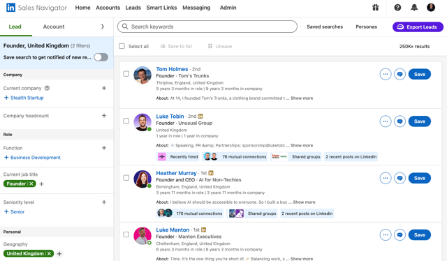 Sales Navigator lead search filtered to Founder in the United Kingdom, showing 250K+ results with founder profiles and an Export Leads button