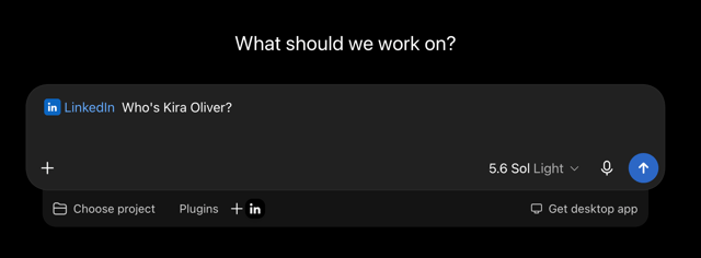 ChatGPT prompt box with the LinkedIn plugin attached, asking who a named prospect is