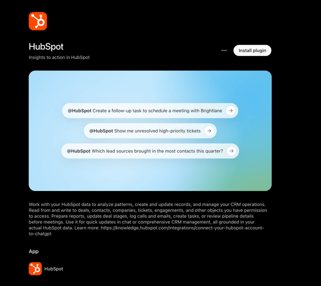 HubSpot plugin page inside ChatGPT with example prompts to create a follow-up task, list unresolved high-priority tickets and rank lead sources, beside an Install plugin button