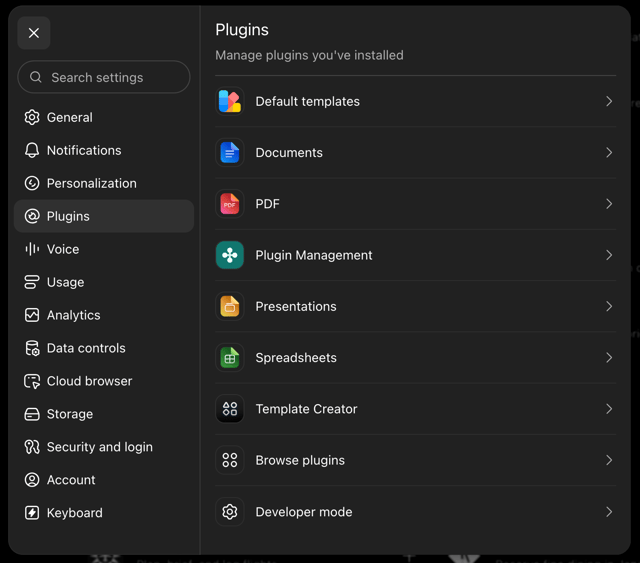 ChatGPT settings open on the Plugins tab, listing installed plugins including Documents, PDF, Spreadsheets, Template Creator and Developer mode