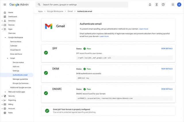 Gmail admin panel showing SPF, DKIM, and DMARC authentication records configured and verified
