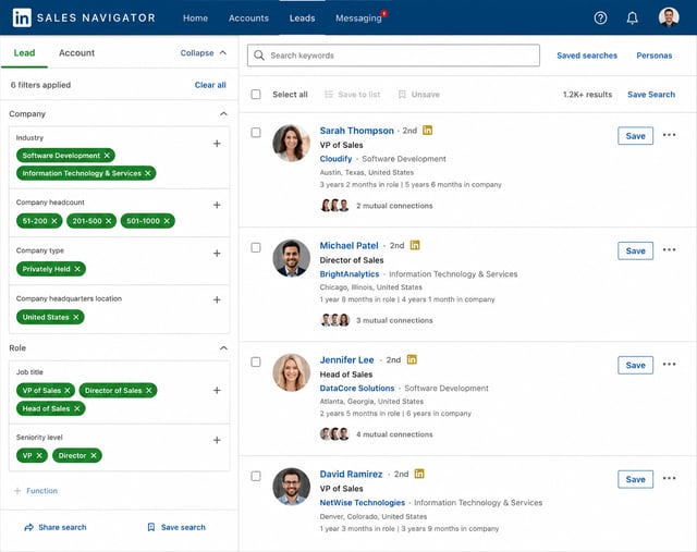 LinkedIn Sales Navigator search filters panel showing multiple filters applied (industry, company size, job title, geography) with result count