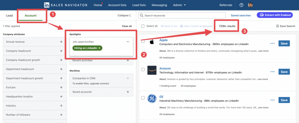hiring filter sales navigator account search