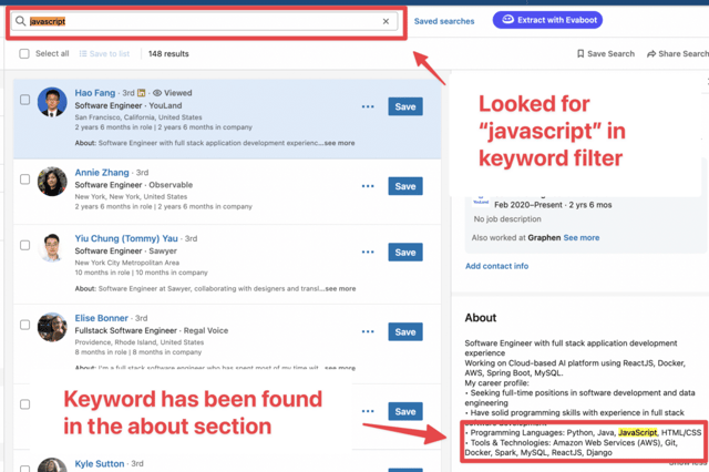 Cercando "javascript" nel filtro parole chiave - Parola chiave trovata nella sezione Descrizione