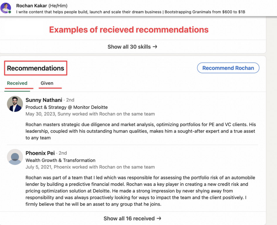 linkedin recommendations