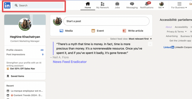 barre de recherche du moteur de recherche gratuit linkedin