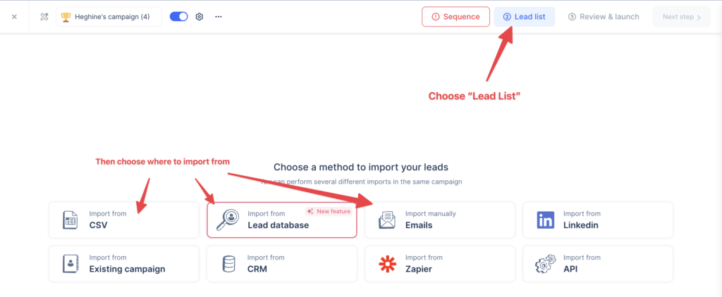 choose one of several options of how to import your leads to lemlist 