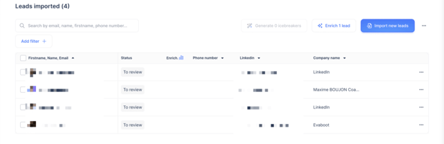 démonstration de ce à quoi ressemble la liste de prospects lemlist