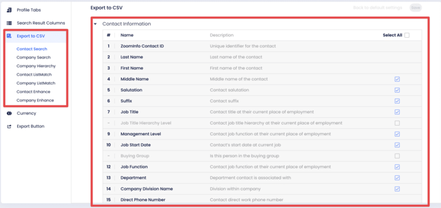 zoominfo export default settings