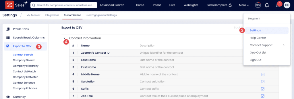 zoominfo exporter en csv depuis les paramètres