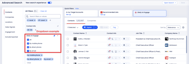 zoominfo advanced search filters likely to engage