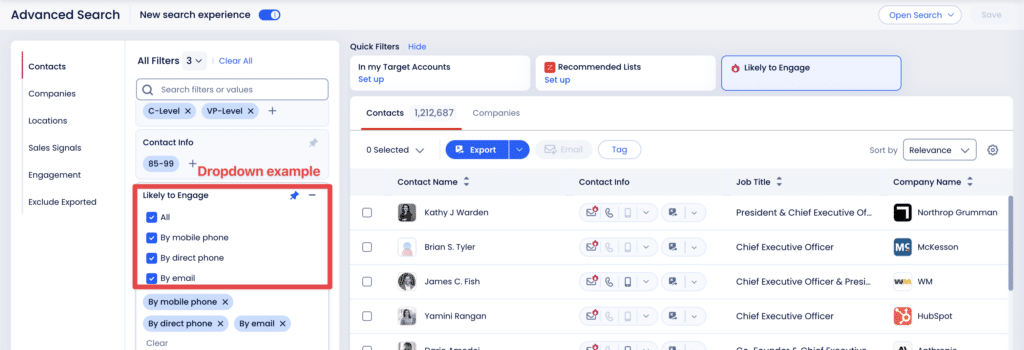zoominfo advanced search filters likely to engage