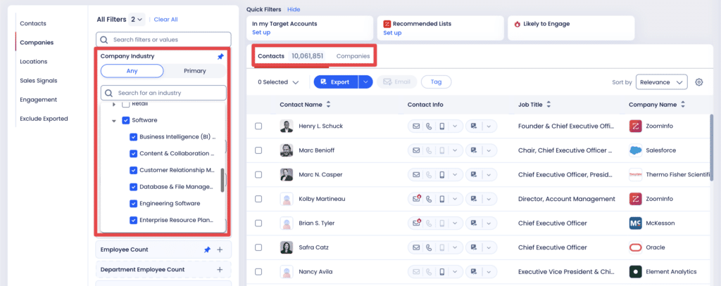 filtres de secteur d'entreprise zoominfo