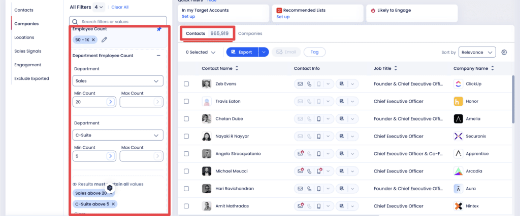 filtre de nombre d'employés zoominfo