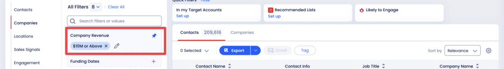filtre de revenu d'entreprise zoominfo