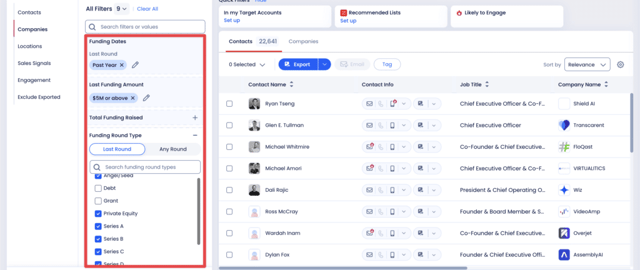 funding data and type filters zoominfo