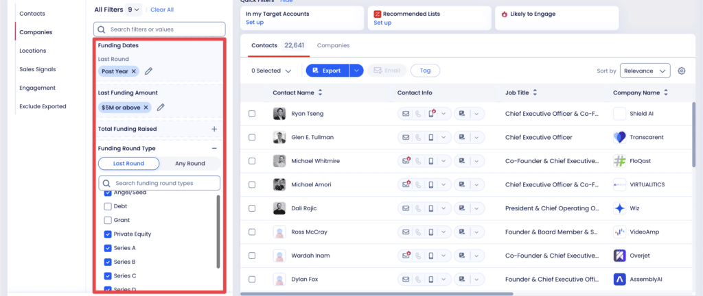 données de financement et types de filtres zoominfo