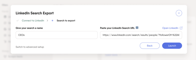 launch linkedin search exort on phantombuster
