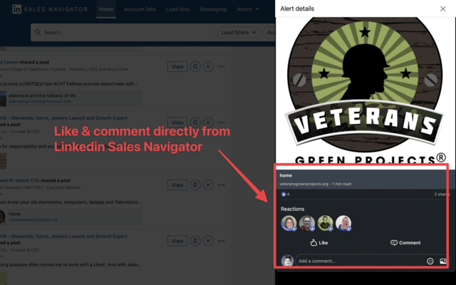 mettere like e commentare i post linkedin da sales navigator