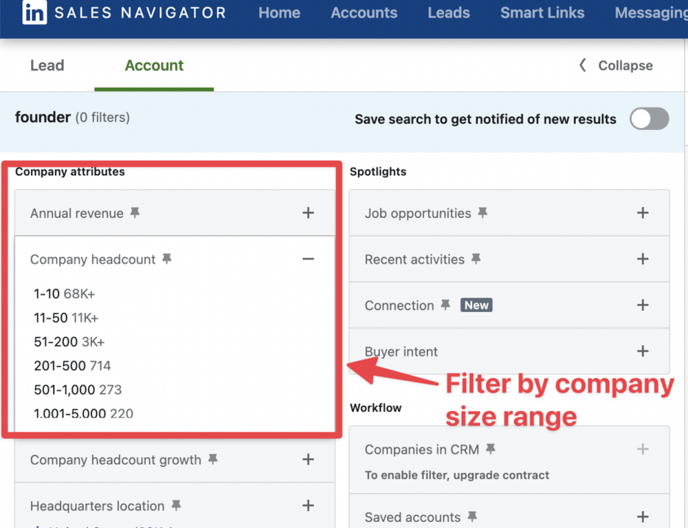 company size filter sales navigator