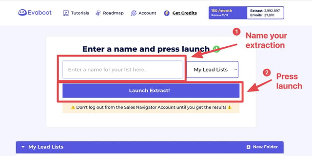lançar extração de emails do sales navigator