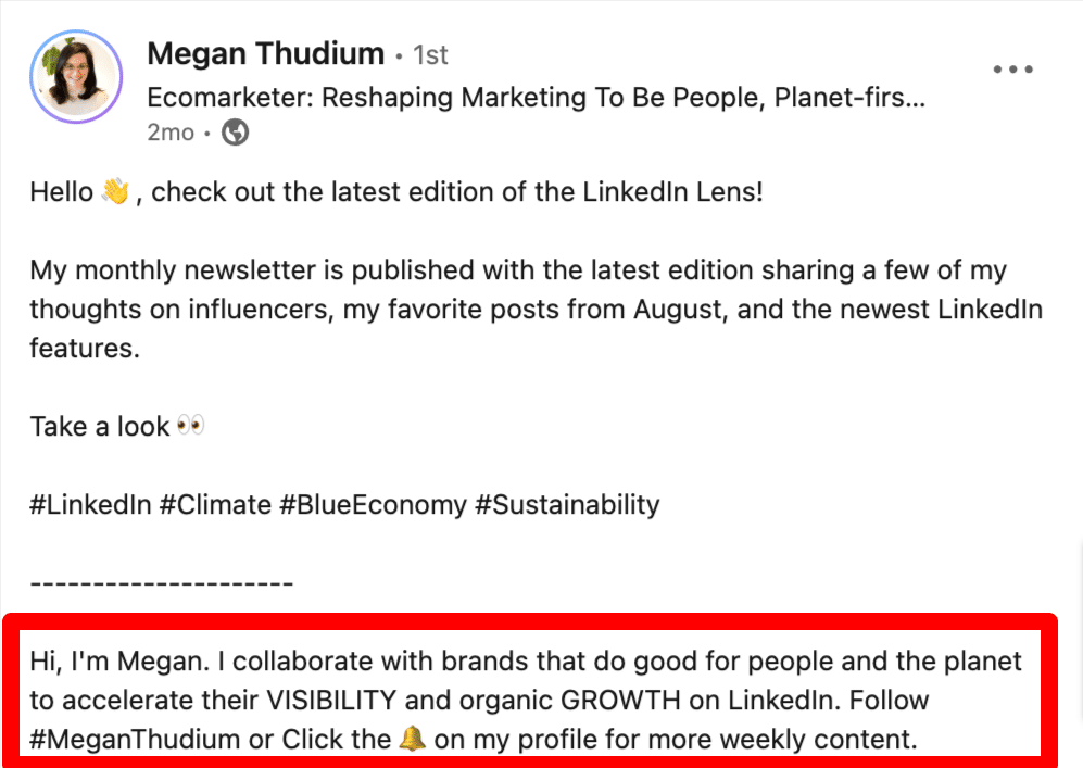 Bio with contact info in post