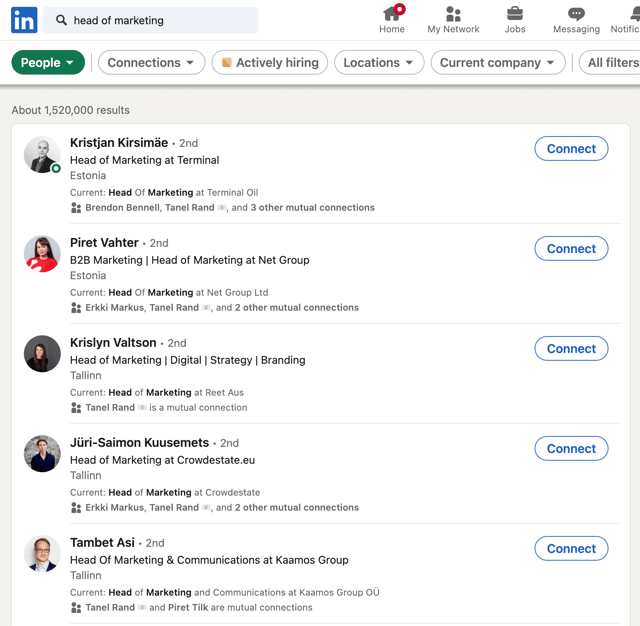 Exemple de recherche de mots-clés LinkedIn