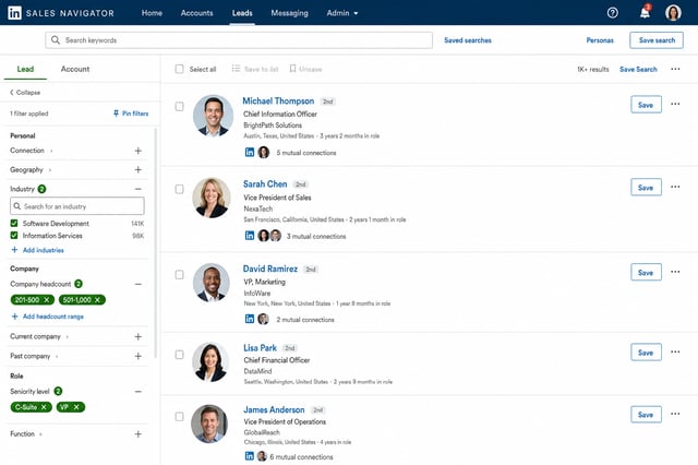LinkedIn Sales Navigator search results page showing executive-level filters applied (Seniority Level set to C-suite/VP, with company size and industry filters visible)