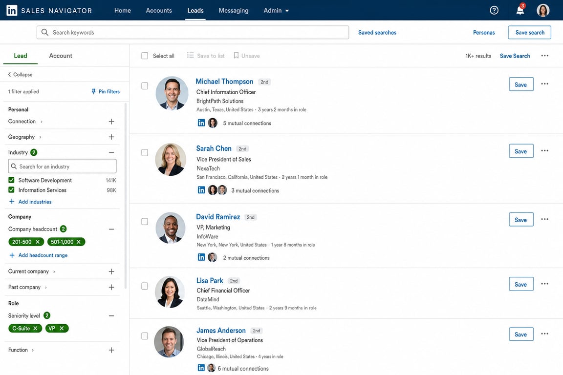 LinkedIn Sales Navigator search results page showing executive-level filters applied (Seniority Level set to C-suite/VP, with company size and industry filters visible)